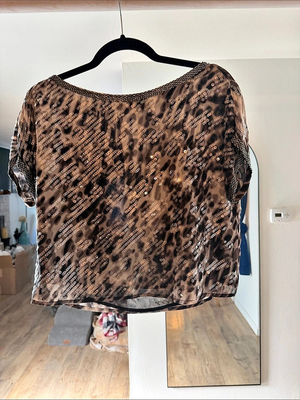 BCBGMAXAZRIA Animal Print Sequin Top in Black & Brown Size XS
